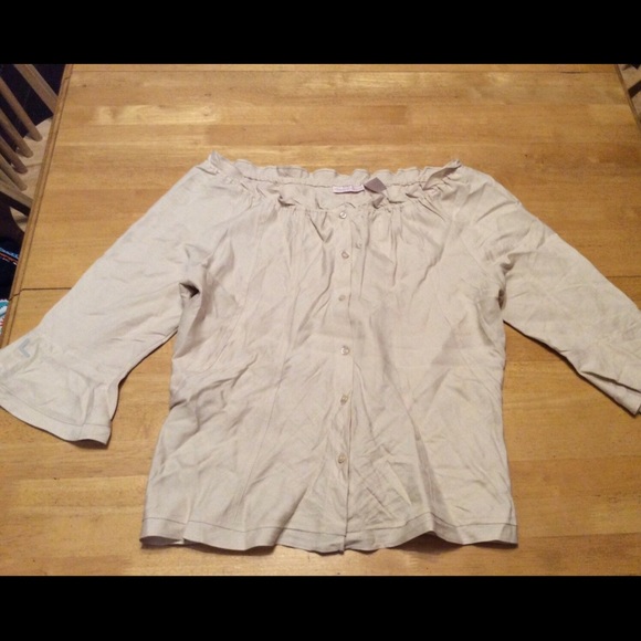 SHERRY TAYLOR Tan Nude SET Ramie Rayon TOP Shirt SKIRT Asymmetric hem size XL - Picture 2 of 12